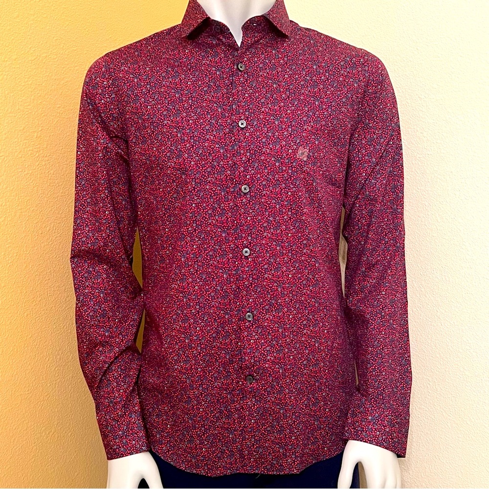 Express Mens Red Floral Extra Slim Tailored Long Sleeve Button Down Shirt